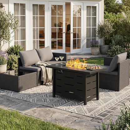 4-Piece Patio Furniture Set with 43" Propane Fire Pit Table, L-Shaped PE Rattan Sectional Sofa, Washable Cushions, Outdoor Conversation Set,Black/Grey8