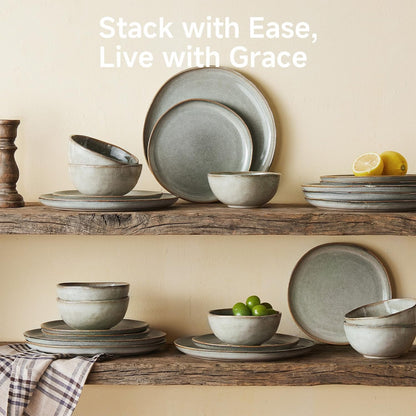 Stoneware Dinnerware Sets for 6, Reactive Glaze Plates and Bowls, Grey4