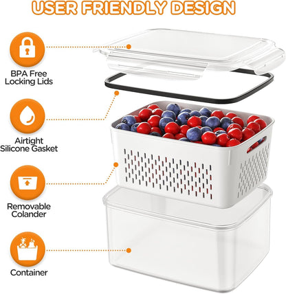 5-Pack Fruit Storage Containers for Fridge with Removable Colanders, 4 in 1 Produce Storage Containers with Lids, Leakproof Fridge Organizer Bins for Salad Berry Lettuce Vegetables Meat Keeper Fresh4