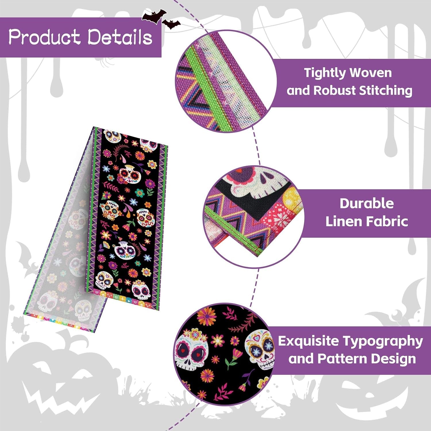 day-of-the-dead-table-runner-72-x-13-inch-decorations-dia-de-los-muertos-sugar-skull-mexican-fiesta-carnival-table-cover-decor-rustic-linen-altar-themed-party-supplies-for-home-kitchen-dining-mantel