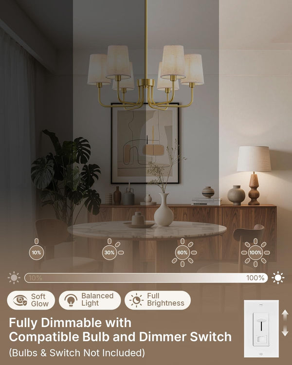6-Light Gold Chandelier for Dining Room, No Assembly Modern Chandelier Light Fixture with White Linen Shades, UL Listed 25" Farmhouse Brass Dining Room Light Fixture Bedroom Entryway Foyer8