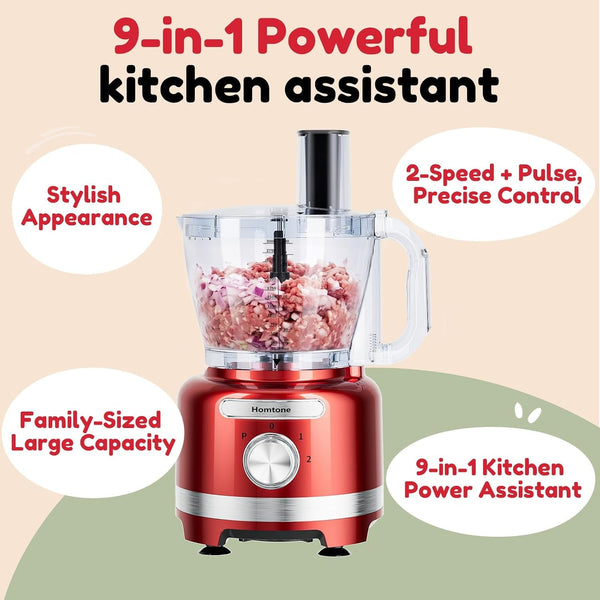 16 Cups Food Processor, Large Food Chopper with French Fry Cutter, 9 Functions 7 Blades for Shredding, Slicing, Doughing for Home Use, 3 Speeds, 600W (Bright Metallic Red, 16 Cup)4