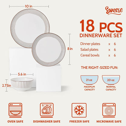 18Pcs Lightweight Porcelain Dinnerware Set for 6, Stripe Neutral2