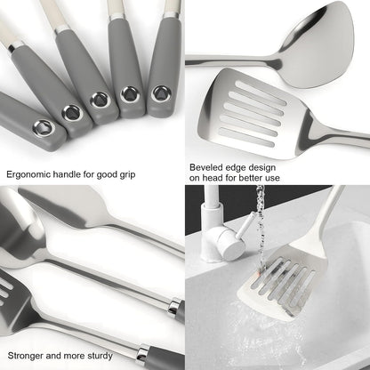 10 Piece Stainless Steel Cooking Utensils Set - 18/0 Heavy Duty Kitchen Tools for Grilling & Serving (Grey)4