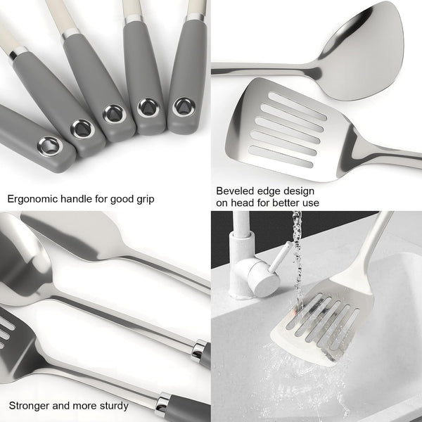 10 Piece Stainless Steel Cooking Utensils Set - 18/0 Heavy Duty Kitchen Tools for Grilling & Serving (Grey)4