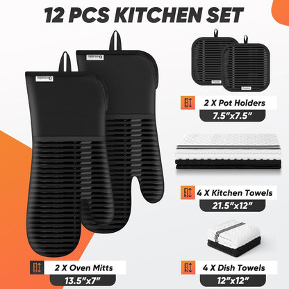 Oven Mitts Kitchen Towels and Dishcloths with Pot Holders Sets, Oven Gloves Hot Pads 500°F Heat Resistant with Silicone Grip, Include 2 Cooking Gloves/2 Potholders/4 Kitchen Towels/4 Dish Towels2