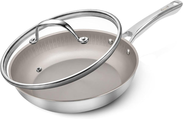 Titanium Frying Pan with Lid - 10.25" No Coating Pfas-Free Skillet, Tri-Ply Titanium & Stainless Steel, Induction & Dishwasher Safe1