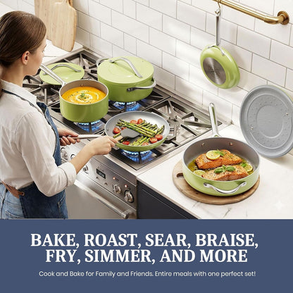 Premium G7 Ceramic Cookware Set, 8-Piece Nonstick Pots and Pans | with Lids, PFAS & PFOA Free, Induction Compatible, Oven Safe to 500°F, Fast Even Heating, Olive Green8
