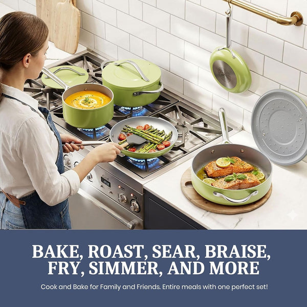 Premium G7 Ceramic Cookware Set, 8-Piece Nonstick Pots and Pans | with Lids, PFAS & PFOA Free, Induction Compatible, Oven Safe to 500°F, Fast Even Heating, Olive Green8