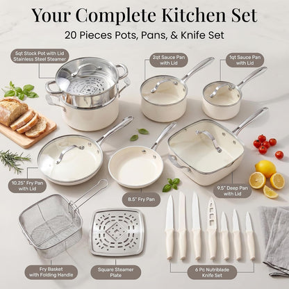 20 Pc Ceramic Cookware Set with Knives Set | Pots and Pans Set Non Stick with Deep Frying Pan Set, Non Toxic Pfas-Free, Cool Touch Handles, Oven & Dishwasher Safe2