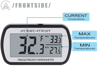 Refrigerator Thermometer Digital Fridge Freezer Thermometer 2 Pack | Freezer Thermometer with Magnetic Back Large LCD, No Fills Easy to Read (Black)2
