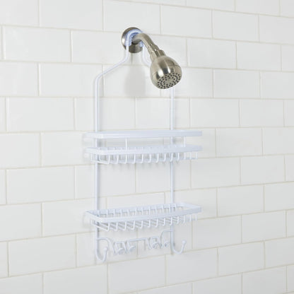 Shower Head Caddy, Suction Cup Backing, 2 Tier Shelving & 6 Accessory Hooks, White (23386-WHITE)8