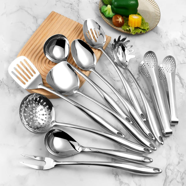 304 Stainlss Steel Kitchen Utensils Set, 11 Pcs Long Metal Cooking Utensil Gadgets Tools Set with Spatula, Spoon, Ladle, Skimmer, Turner, Pasta Server, Tongs(Mirror Polished, Dishwasher Safe)6
