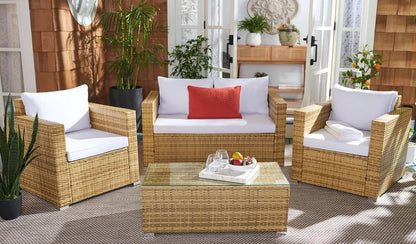SAFAVIEH Outdoor - Machie 4-Piece Conversation Set - Natural & White - Steel Frame with Cushion - Lounge Chairs, Bench, and Glass Top Table - Ideal for Patio, Deck, Porch, Backyard (PAT7508D)2