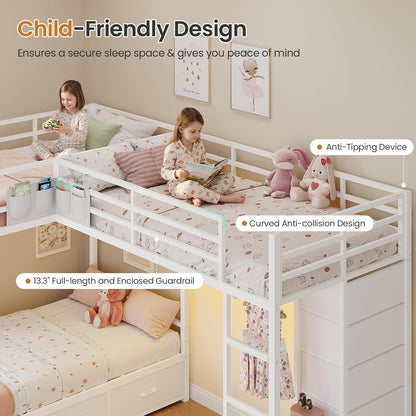 Triple Bunk Bed Twin over Twin with 9 Storage Drawers and LED Lights, White6