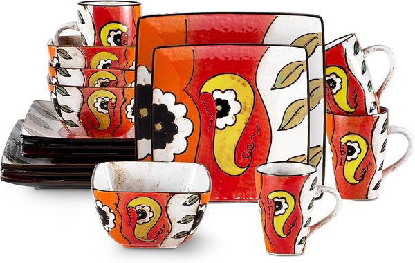 Homevss, Stoneware Artisan Hand Painted Impressionism Garden, 16Pc Reactive Glaze Dinnerware Set1