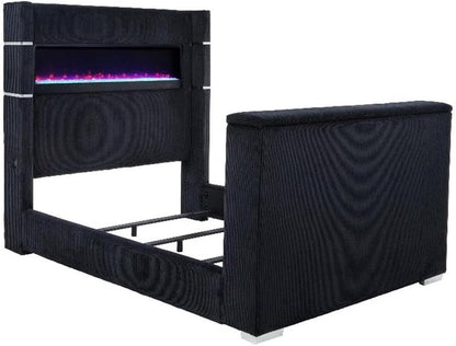 California King Wingback TV Bed, Pine Frame, Black Faux Fur-Style Corduroy, Flame Visualizer Headboard, Hidden Motorized TV Mount, USB Ports, Modern Bedroom Furniture for Tech-Forward Use1