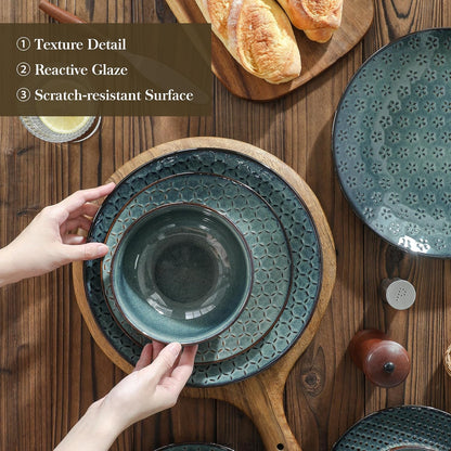 12 Pieces Dinnerware Sets, Farmhouse Plates and Bowls Sets, Embossed Green Dish Set for 4, Vintage Relief Ceramic Dish Set, Chip-Resistant, Microwave and Dishwasher Safe, Series LYDIA5