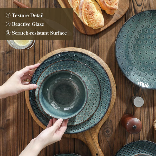12 Pieces Dinnerware Sets, Farmhouse Plates and Bowls Sets, Embossed Green Dish Set for 4, Vintage Relief Ceramic Dish Set, Chip-Resistant, Microwave and Dishwasher Safe, Series LYDIA5