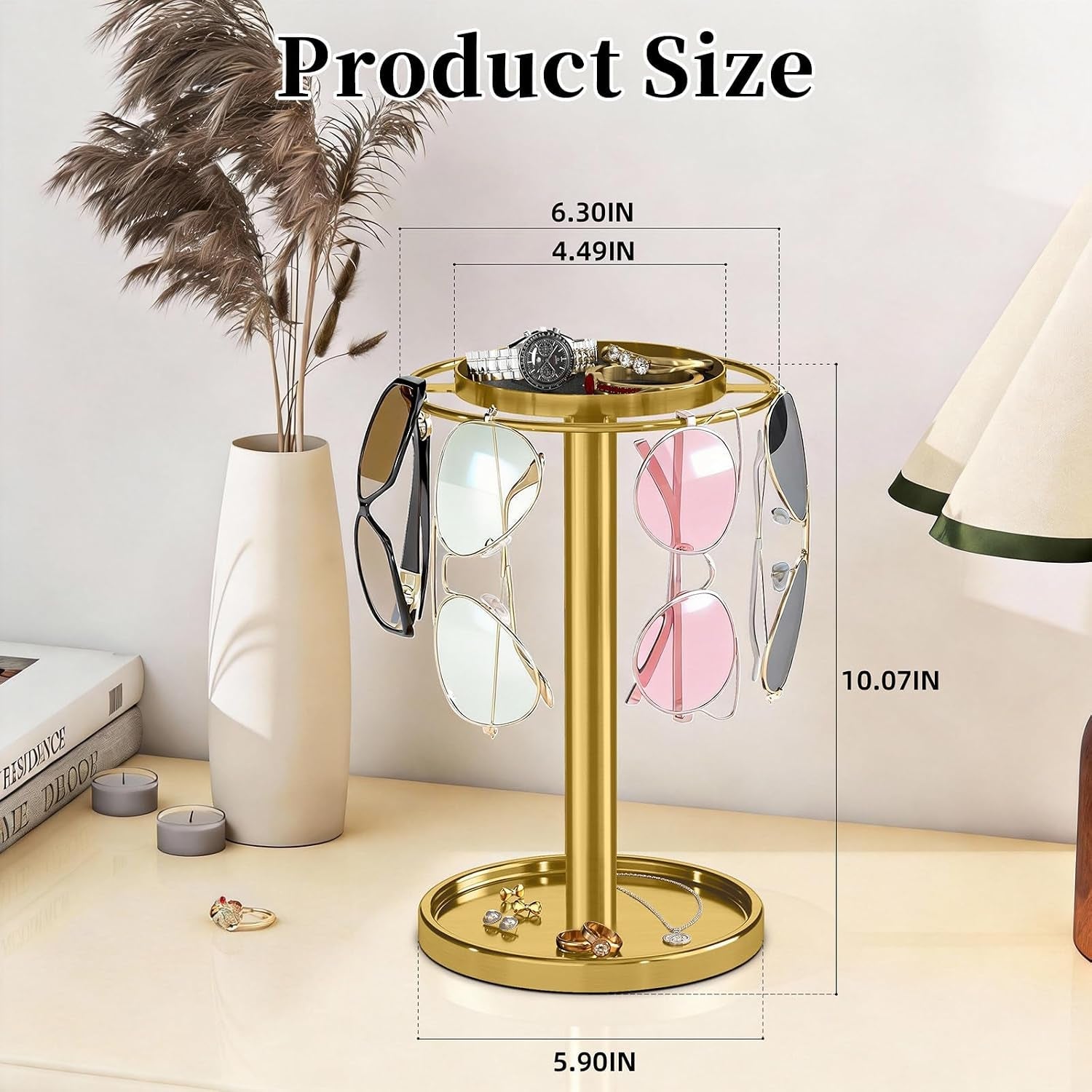 360-rotating-sunglasses-organizer-glasses-holder-with-organizer-tray-stainless-steel-eyeglasses-holder-with-storage-base-for-dresser-desk-table-nightstand-home-decor-gold