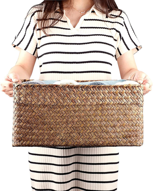 Seagrass Storage Baskets Bin for Shelf, X-Large Woven Wicker Basket3
