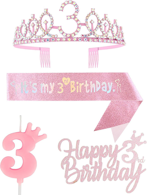 3Rd Birthday Decorations for Girl, Including Crown/Tiara, Sash, Cake Toppers and Number 3 Candles, Pink Party Supplies for 3 Year Old Girl'S Birthday1
