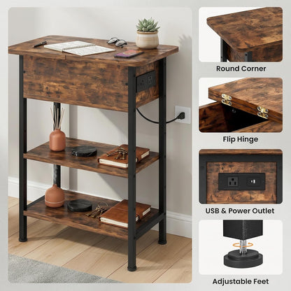 End Table with Charging Station, Flip Top Side Table with USB Ports and Outlets, 3-Tier Small Side Table with Storage for Small Space, End Tables for Living Room/Bedroom, Rustic Brown6