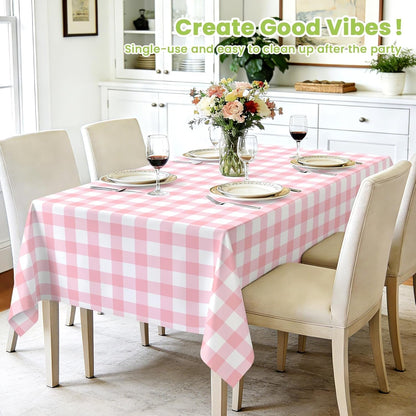 4 Pcs Pink Gingham Tablecloth 54 × 108 Inches Pink and White Checkered Table Cloth Disposable Plastic Waterproof Tablecover for Outdoor Picnic, Birthday Party, Holiday Dinner2