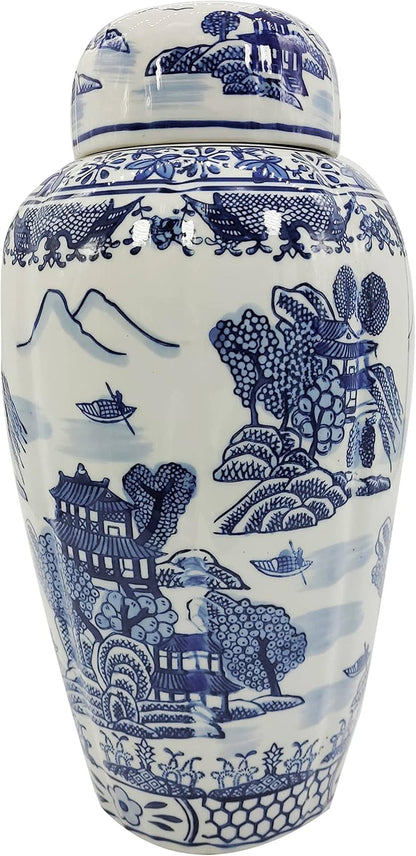 16" Blue and White Urn Style Ceramic Porcelain Ginger Jar Classic Temple Landscape Design Home Decor1