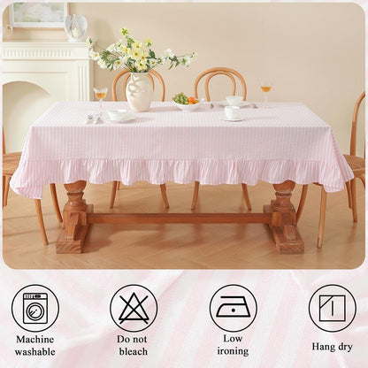 Striped Ruffled Tablecloth Square Spring Cotton Blend Stripe Table Cloth with Tassel, Farmhouse Washable Wrinkle Free Heavy Table Cover for Valentines Day Outdoor Picnic Party, Pink, 55''X55''8