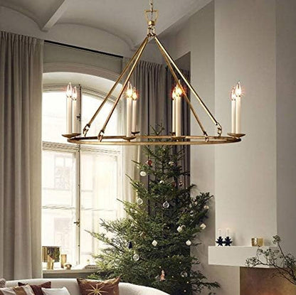 Gold Wagon Wheel Chandelier Rustic 35.4'' Candle-Shaped Metal Chandeliers Antique Brass round Ceiling Hanging Light Fixture (8-Light)5