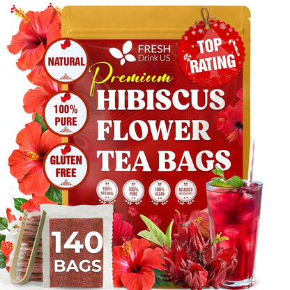 , 140 Bags Hibiscus Flowers Tea, 100% Natural and Pure. Loose Flower Hibiscus Herbal Tea. Hibiscus Flower Tea. No Sugar, No Caffeine, No Gluten, Vegan.1