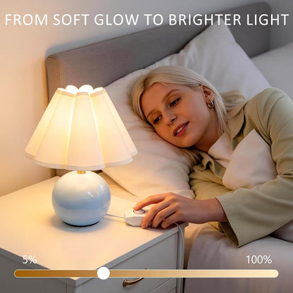 Small Bedside Table Lamp, 11.8'' Ceramic Stepless Dimmable Lamp (Blue) | with Scalloped Fabric Shade for Nightstand & Living Room. Perfect for Quiet Nights to Create a Cozy, Relaxing Atmosphere6