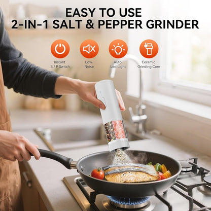 2 in 1 Electric Salt and Pepper Grinder Set, USB Rechargeable, Automatic Salt and Pepper Mill Shakers with Battery Display, LED Light, Adjustable Coarseness(White)2
