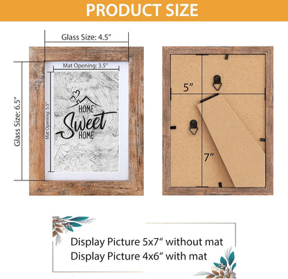 5X7 Picture Frame - Can Display Photo 4X6 with Mat, Wood Frame with Shatterproof Plexiglass, Wall & Tabletop Display, Rustic Brown5