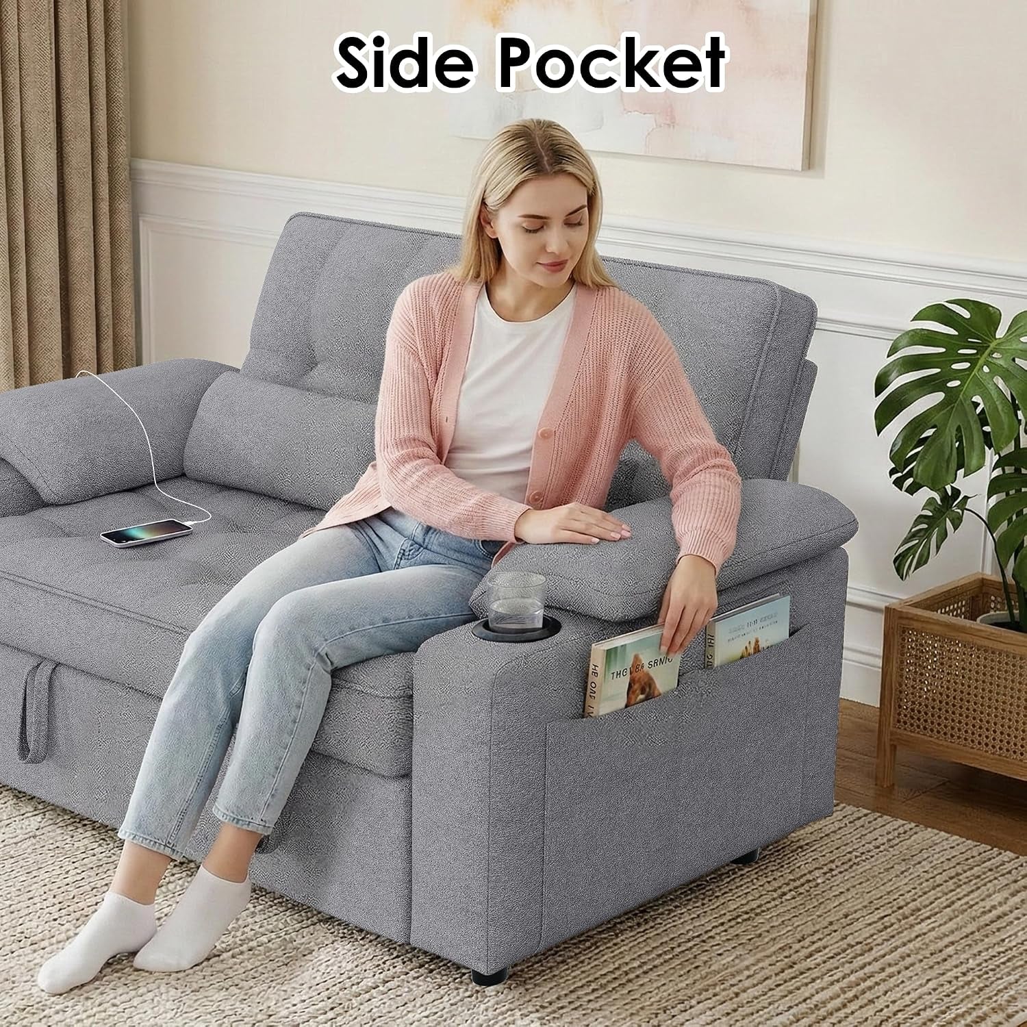 58-convertible-sofa-bed-with-usb-charger-and-cup-holders-teddy-fabric-loveseat-pull-out-couch-with-adjustable-backrest-and-side-pocket-for-small-spacegrey