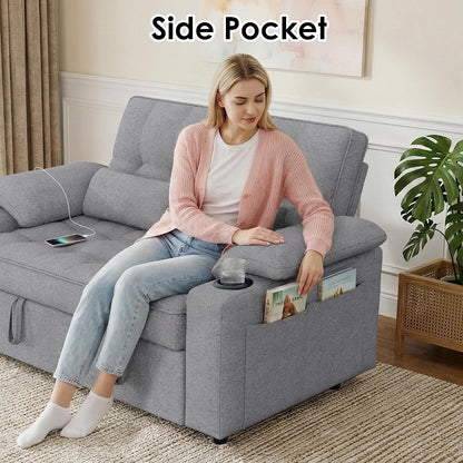 58'' Convertible Sofa Bed with USB Charger and Cup Holders, Teddy Fabric Loveseat Pull Out Couch with Adjustable Backrest and Side Pocket for Small Space(Grey)5