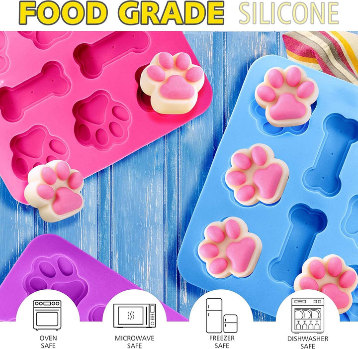 3 Pack Silicone Molds with Puppy Dog Paw and Bone Shaped 2 in 1, Reusable Non-Stick Ice Cube Trays & Flexible Candy Chocolate Molds for Homemade Dog Treats, Pudding, Jelly & Baking Biscuits+2