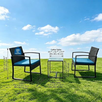3-Piece Patio Bistro Set, PE Rattan, Tempered Glass, 400LBS, Blue3