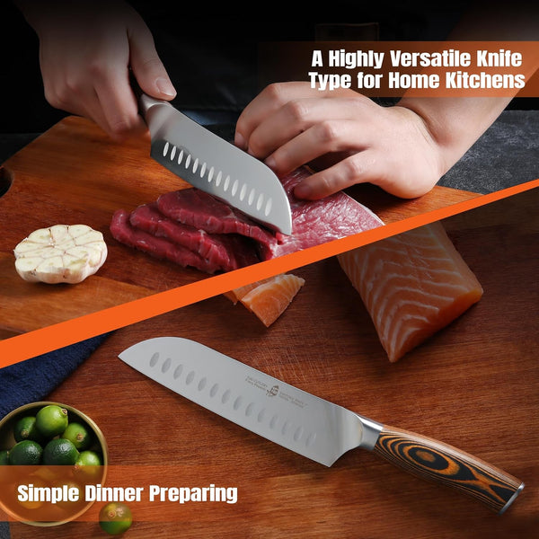Santoku Knife, 7 Inch Japanese Chef Knife for Vegetable Chopping & Meat Dicing, High Carbon German Steel, Ergonomic Handle - Fiery Phoenix Series10