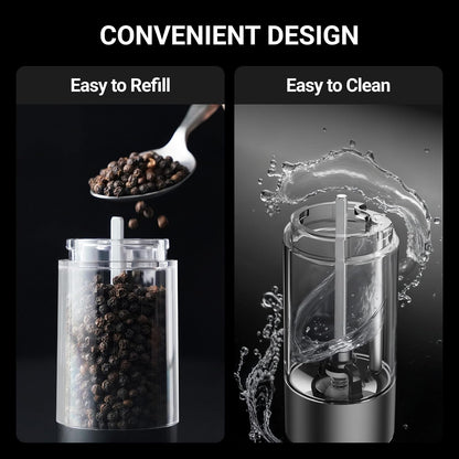 Electric Salt and Pepper Grinder Set, 110Ml Larger Rechargeable Automatic Salt and Pepper Mill Grinder with 6 Adjustable Coarseness, Electric Salt and Pepper Shakers, LED, 2 Packs, Black6