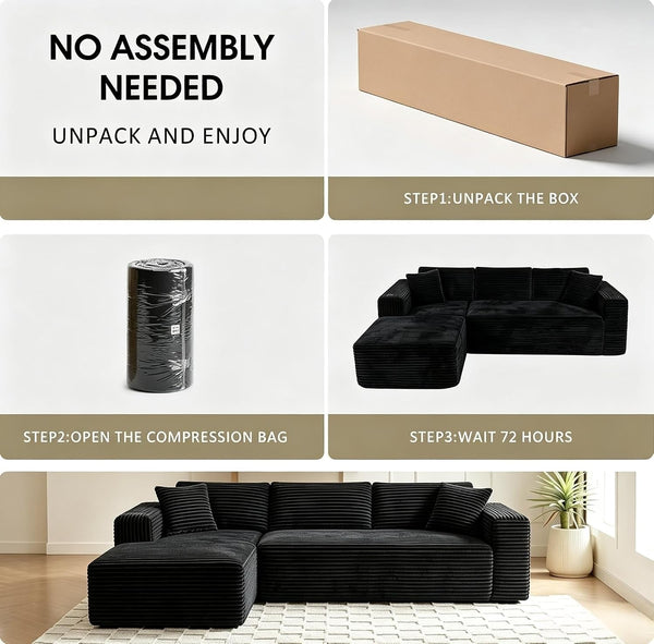 Boneless Modular Sectional Couch, L Shaped Corduroy Cloud Sofa with Oversized Chaise, Deep Seat Spineless Sofa, No Assembly Required (Black, 92.5" L-Shape with Left Facing Chiase)5