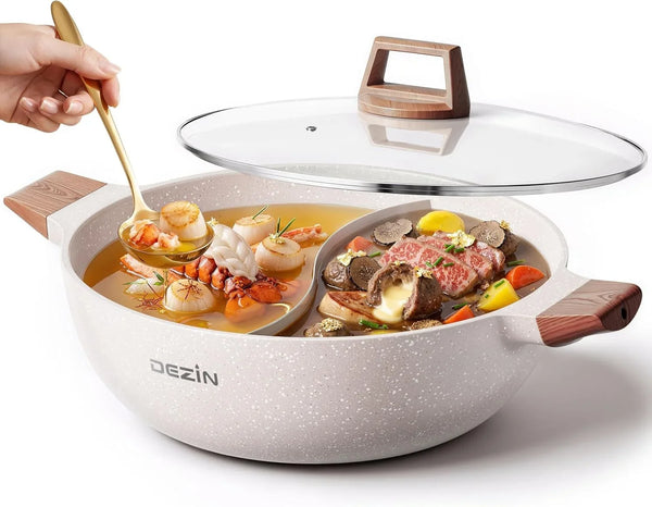 5-QT Hot Pot with Divider, Double-Flavor Shabu Shabu Pot, Divided Pot | Nonstick Granite Pot, 12"Divided Stockpot, Compatible with Induction Cooktop, Gas/Ceramic/Electric Stove, Soup Ladle Included1