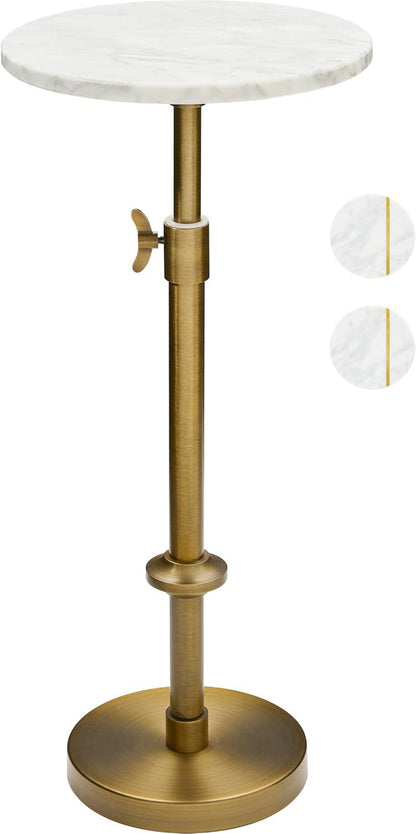 Adjustable 10" White Marble Drink Table with 2 Coasters, Antique Brass⁠ | Adjustable 10" round Martini End Table & Pedestal Side Table. White Marble and Antique Brass Finish.⁠1