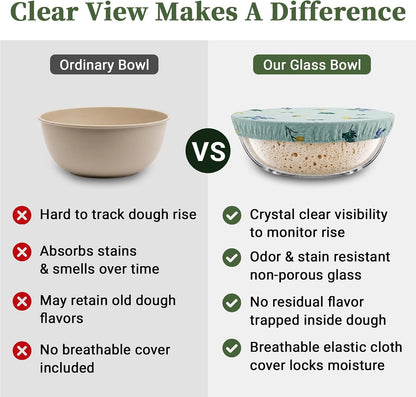 Glass Mixing Bowls 6.3 QT with Reusable Beeswax Bowl Covers for Sourdough Bread Making, 12 Inch Thickened Clear Large Salad Bowls for Kitchen Baking, Food Prep, Prepping, Microwave & Dishwasher Safe5