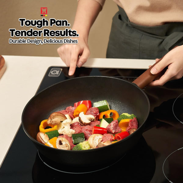 Aluminum Body Flat Bottom Wok, Restaurant & Business Grade Fry Pan Titanium Coated Non-Stick Surface, Wooden Handle, Made in Korea, Deep Large Skillet, Black(17.91"L X 11.22"W X 3.15"H)4