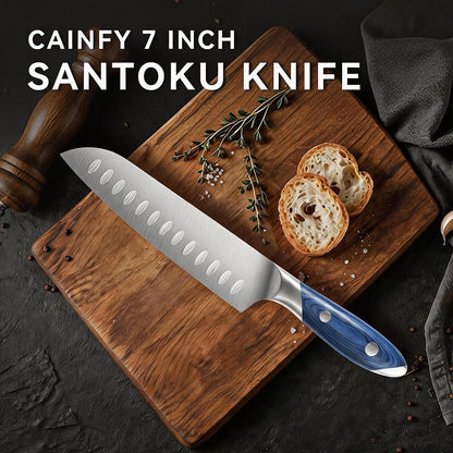 7 Inch Stainless Steel Kitchen Santoku Knife, Blue Pakkawood Handle2