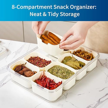 Air-Tight Snackle Box Container –Divided Serving Tray with Lid & Handle–Clear Snack Box for Fruits, Candy & Nuts–Portable for Travel & Daily Use (8 inside Containers Dishwasher Safe)2