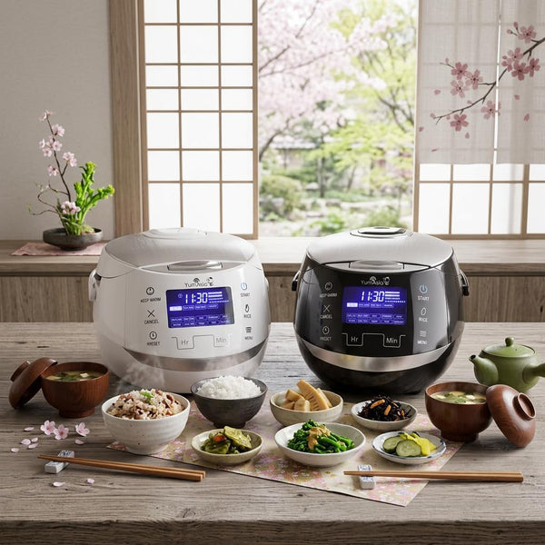 Sakura Rice Cooker with Ceramic Bowl and Advanced Fuzzy Logic (8 Cup, 1.5 Litre) 6 Rice Cook Functions, 6 Multicook Functions, Motouch LED Display, 120V Power (Black and Silver)10