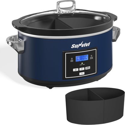6 Quarts Programmable Slow Cooker with Reusable Silicone Liners, Digital Timer, Adjustable Temp, Dishwasher Safe Divider Insert, Non-Stick Ceramic Pot & Glass Lid, Stainless Steel, Darkblue1